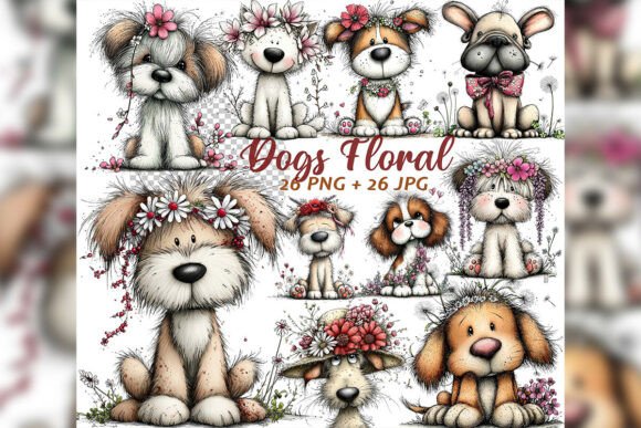 Download Whimsical Floral Dogs Spring Clipart Set - Floral Collection